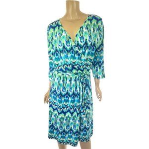 Christine XL Jersey Dress Blue Green Black Crossover Bodice Tie at Waist 3/4 Sle